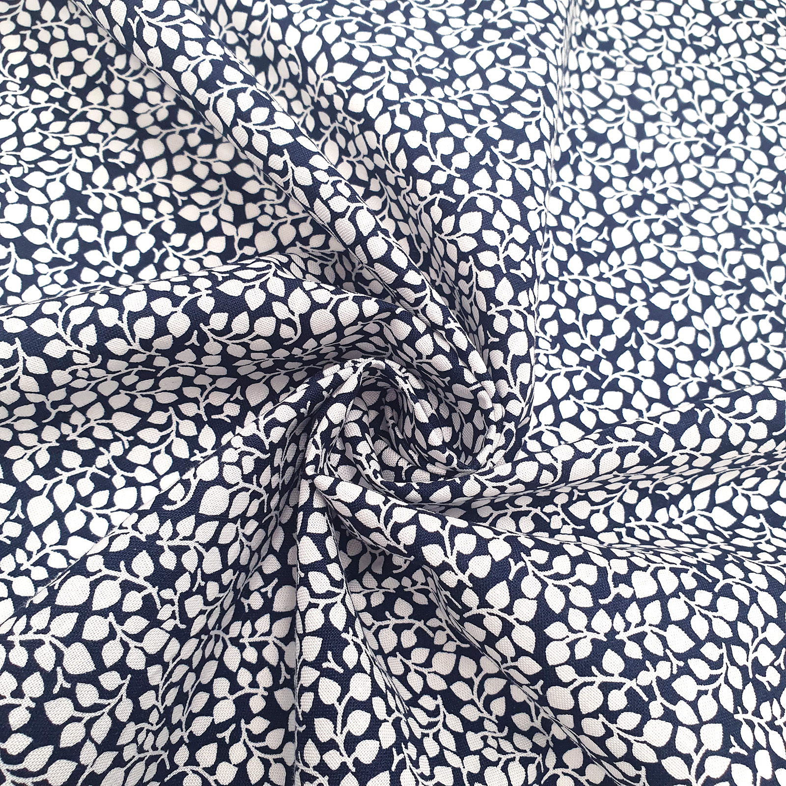 Cotton fabric leaf branch - navy white