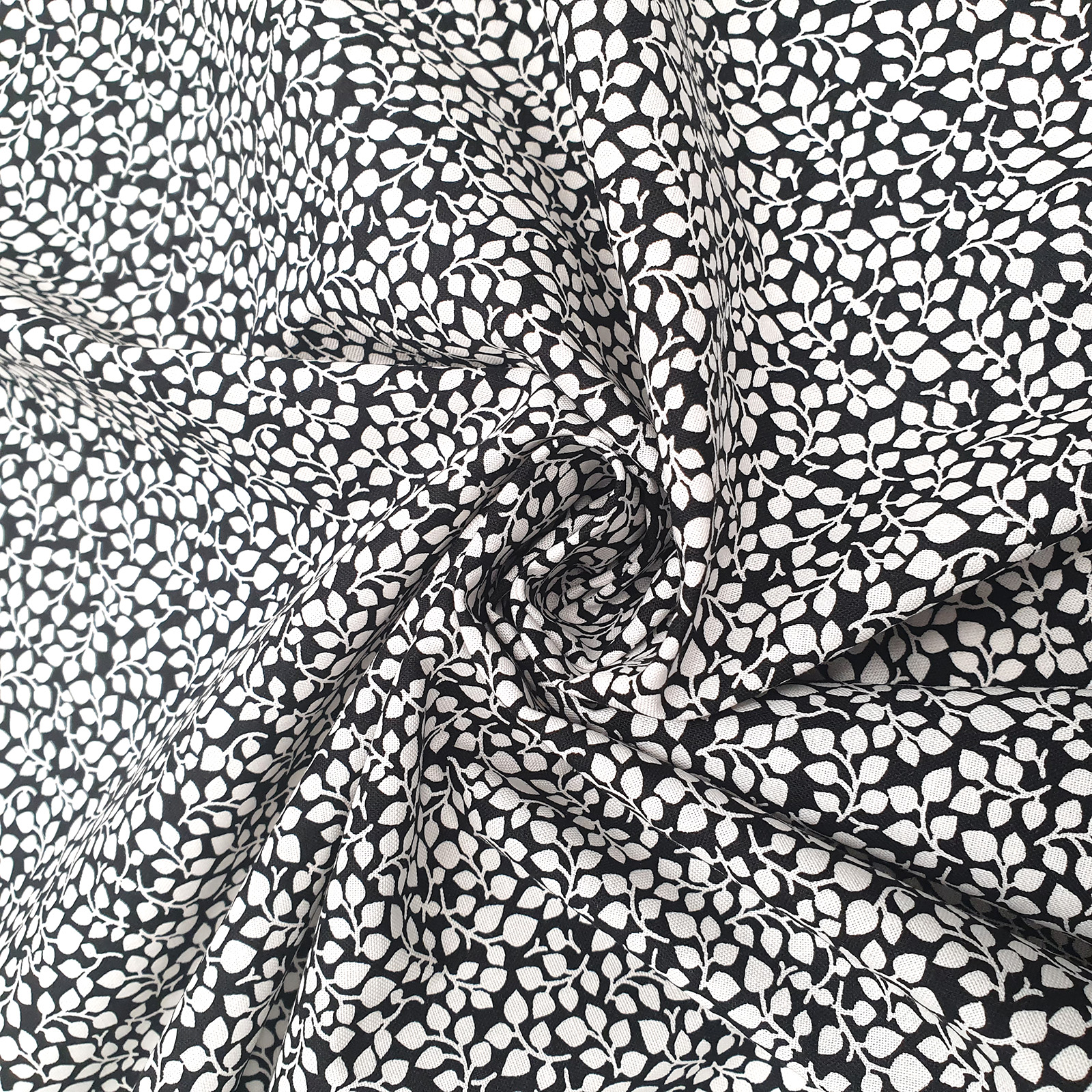 Cotton fabric leaf branch - black and white